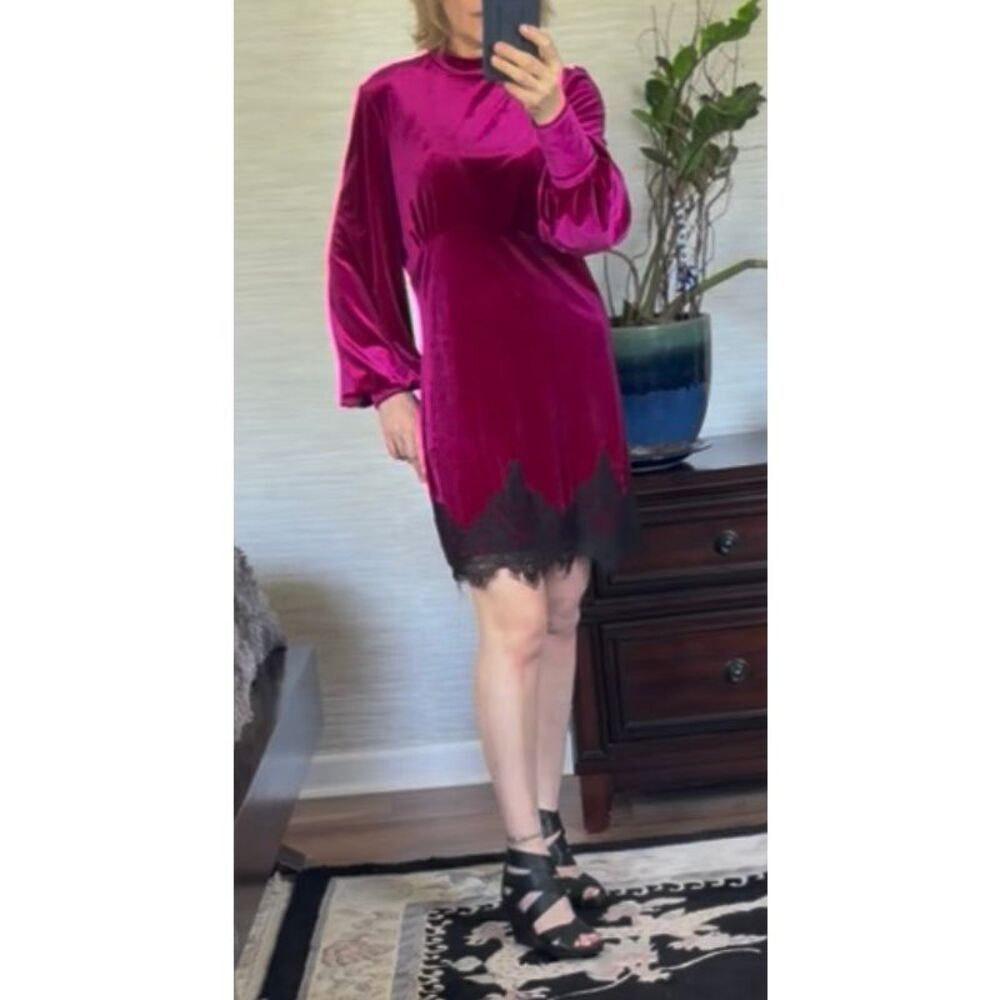 ASOS Velvet Lace Mini Dress Pink Black Long Sleeve Size 12 - Picture 11 of 11